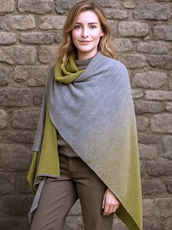 Blonde Frau mit Ruana aus Baby-Alpaka in Grau und Olivgrün, über die Schultern gelegt, vor einer Steinmauer, Modell Pampa.